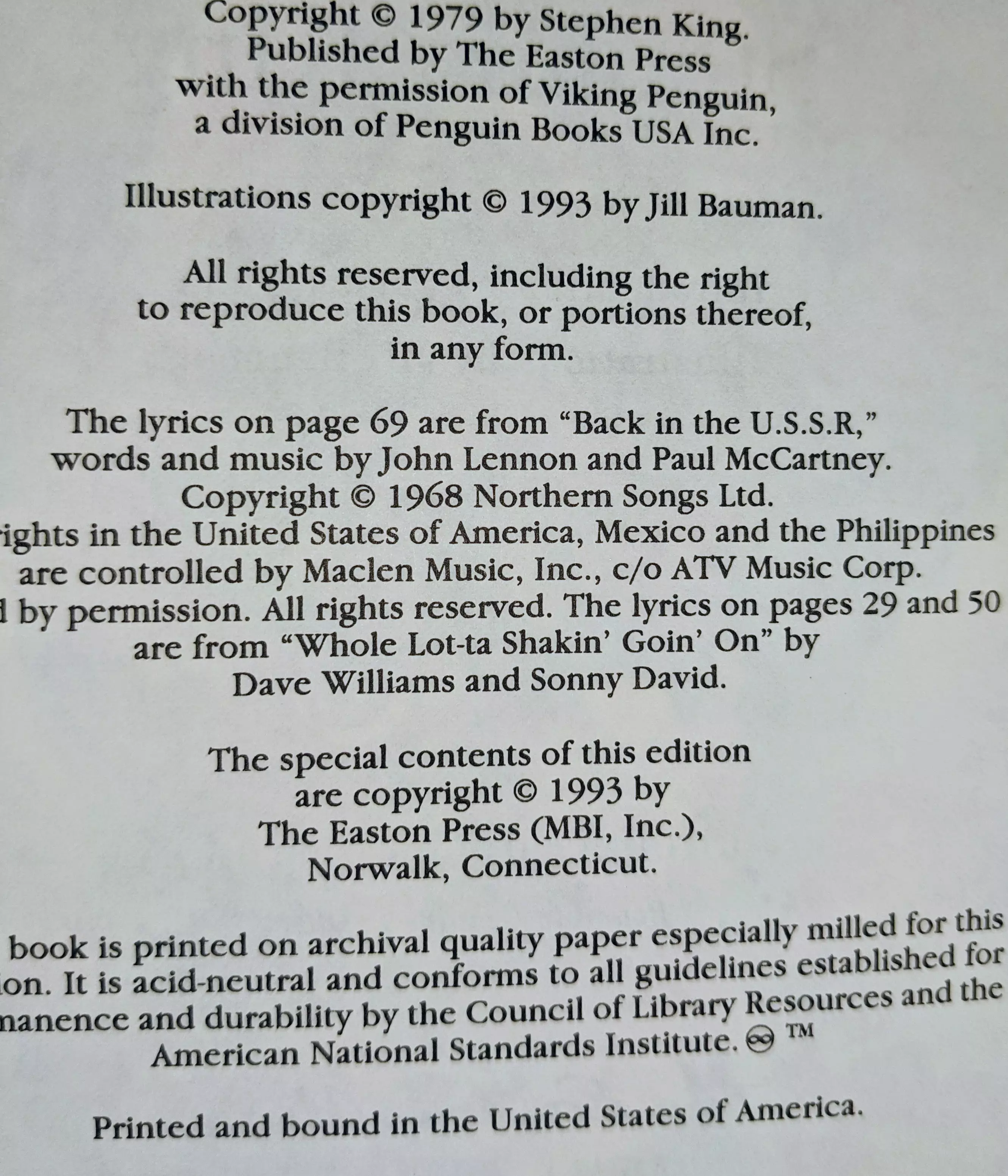 Copyright © 1979 by Stephen King. Published by The Easton Press with the permission of Viking Penguin, a division of Penguin Books USA Inc. Illustrations copyright © 1993 by Jill Bauman. All rights reserved, including the right to reproduce this book, or portions thereof. 

The special contents of this edition are copyright © 1993 by The Easton Press (MBI, Inc.), Norwalk, Connecticut. This book is printed on archival quality paper especially milled for this edition. It is acid-neutral and conforms to all guidelines established for maintenance and durability by the Council of Library Resources and American National Standards Institute TM. Printed and bound in the United States of America.